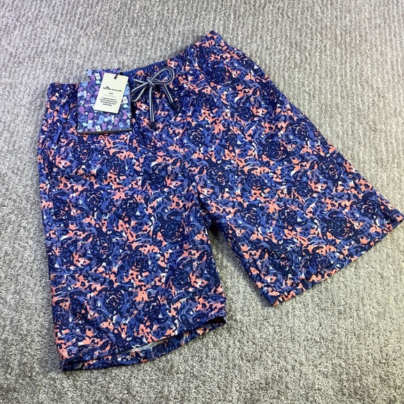 Peter Millar Seaside Mens Blue Coral Abstract Swim Trunks Size Small NWT